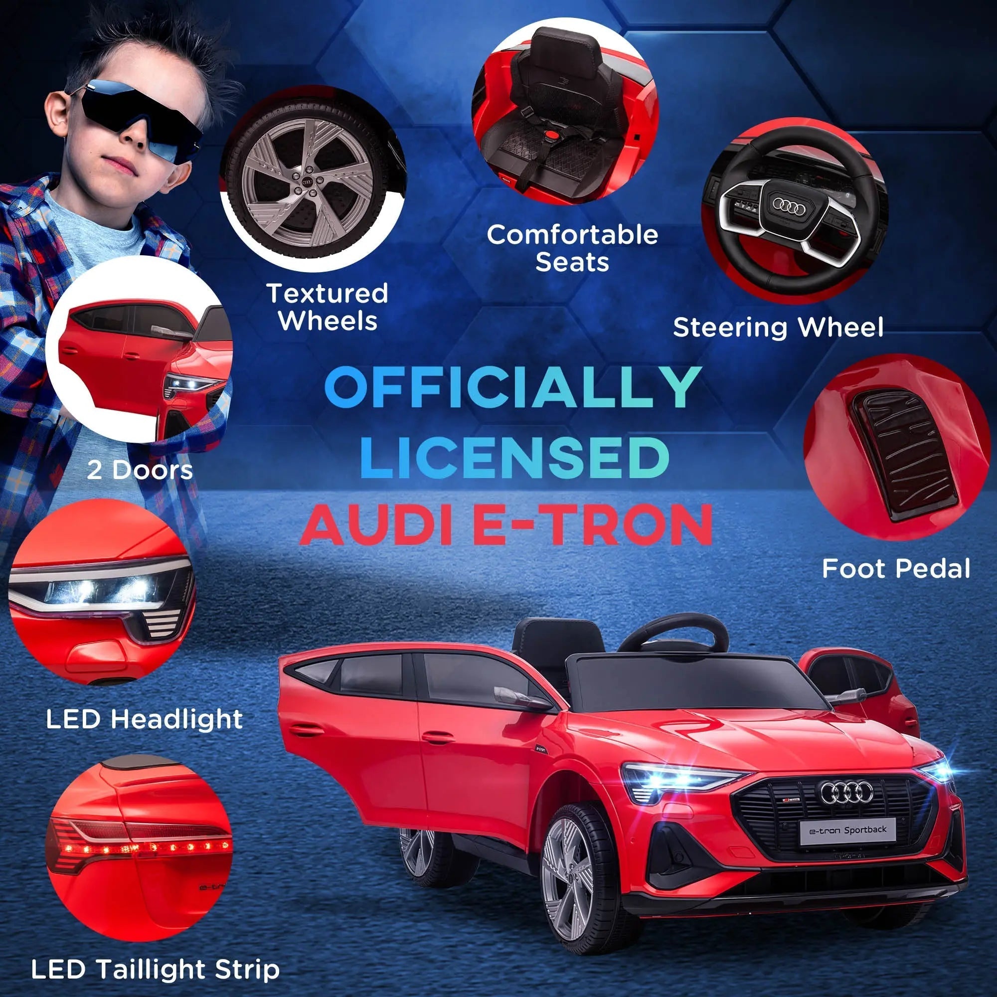 Red licensed 12v audi e-tron electric ride on car with remote control black interior and silver accents for kids