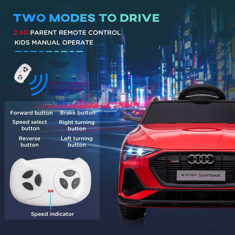 Red audi e-tron licensed 12v kids electric ride on with black steering wheel front grille and remote control feature