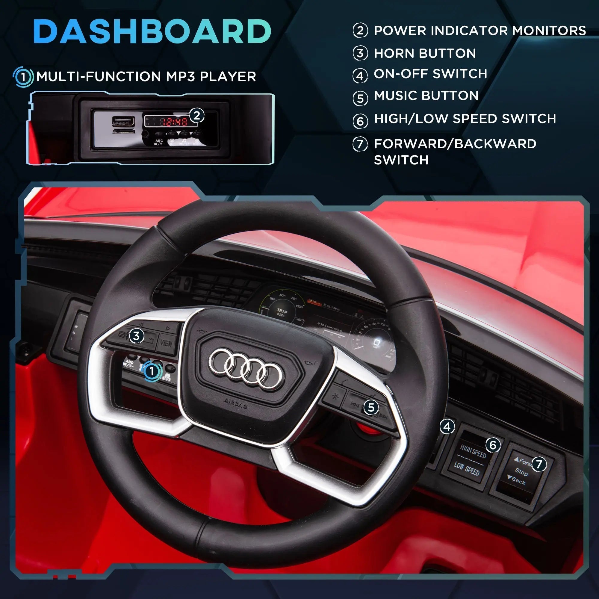 Black and silver audi steering wheel on licensed 12v red kids electric ride with remote control and suspension wheels