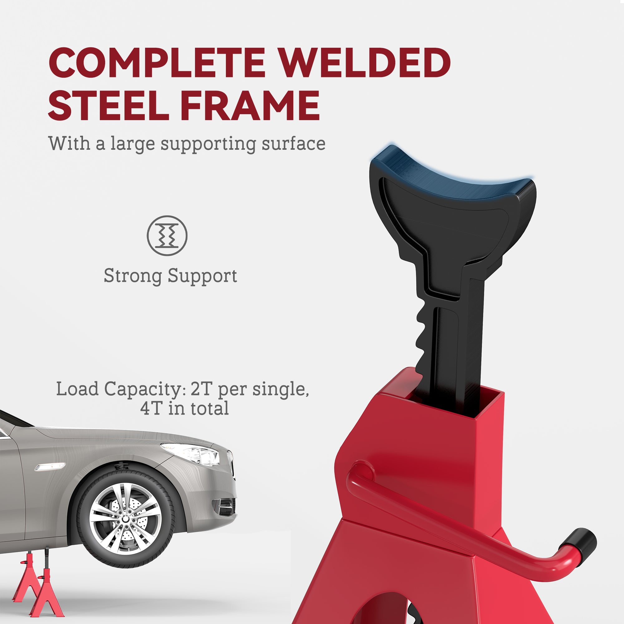 Red and black homcom jack stands with complete welded carbon steel frame height adjustable for heavy duty car support