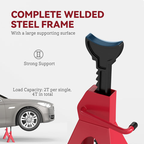Red and black homcom jack stands with complete welded carbon steel frame height adjustable for heavy duty car support