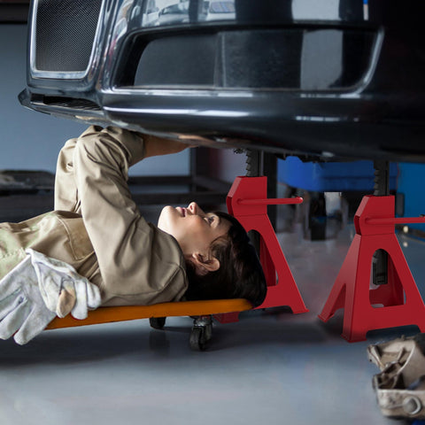 Red metal homcom jack stands made of carbon steel with adjustable height perfect for vehicle lifting and workshops