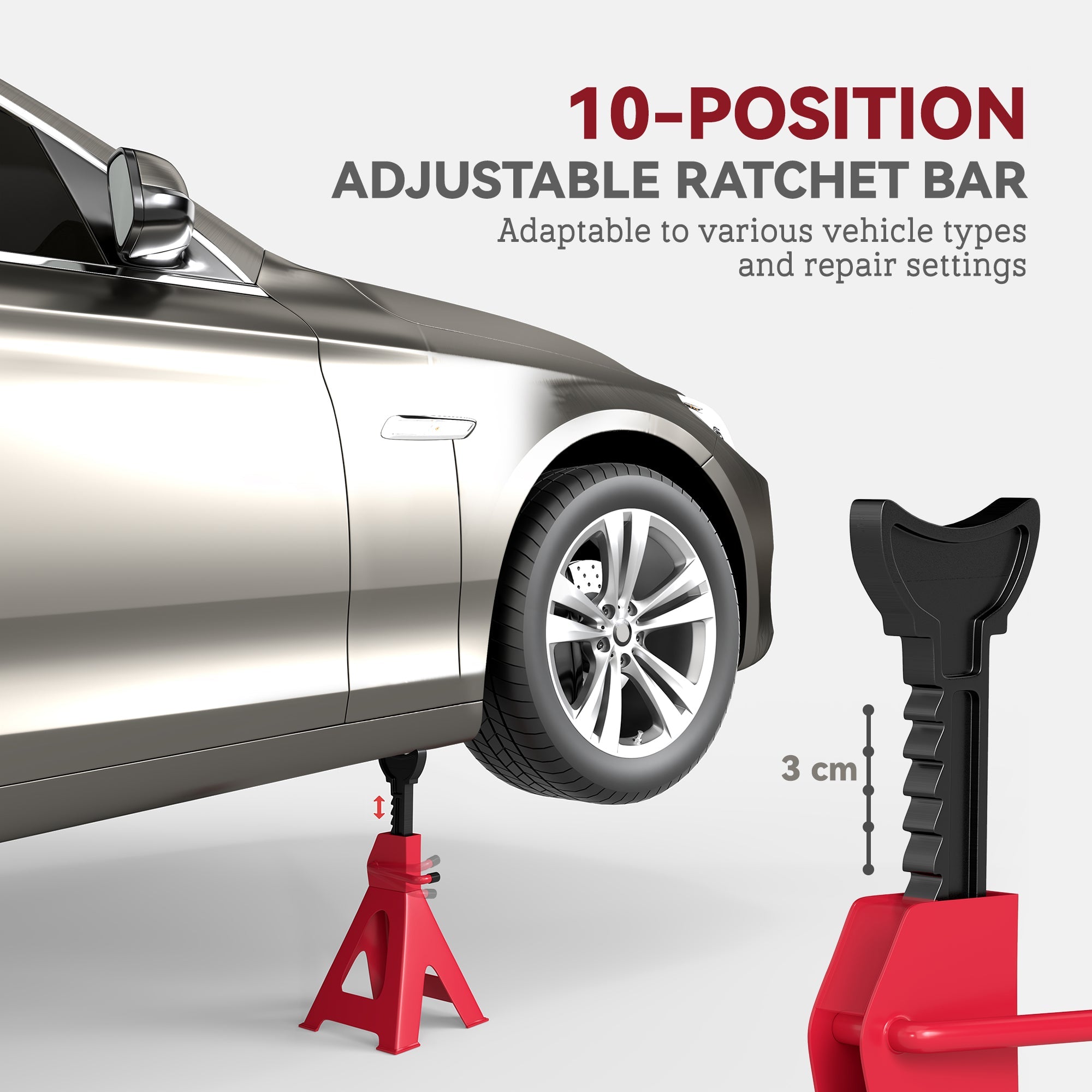 Red plastic homcom jack stand made of heavy duty carbon steel supporting a silver car with adjustable height for vehicles