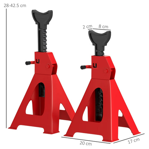 Red HOMCOM jack stands made of heavy duty carbon steel with adjustable height and black textured handles for vehicle support