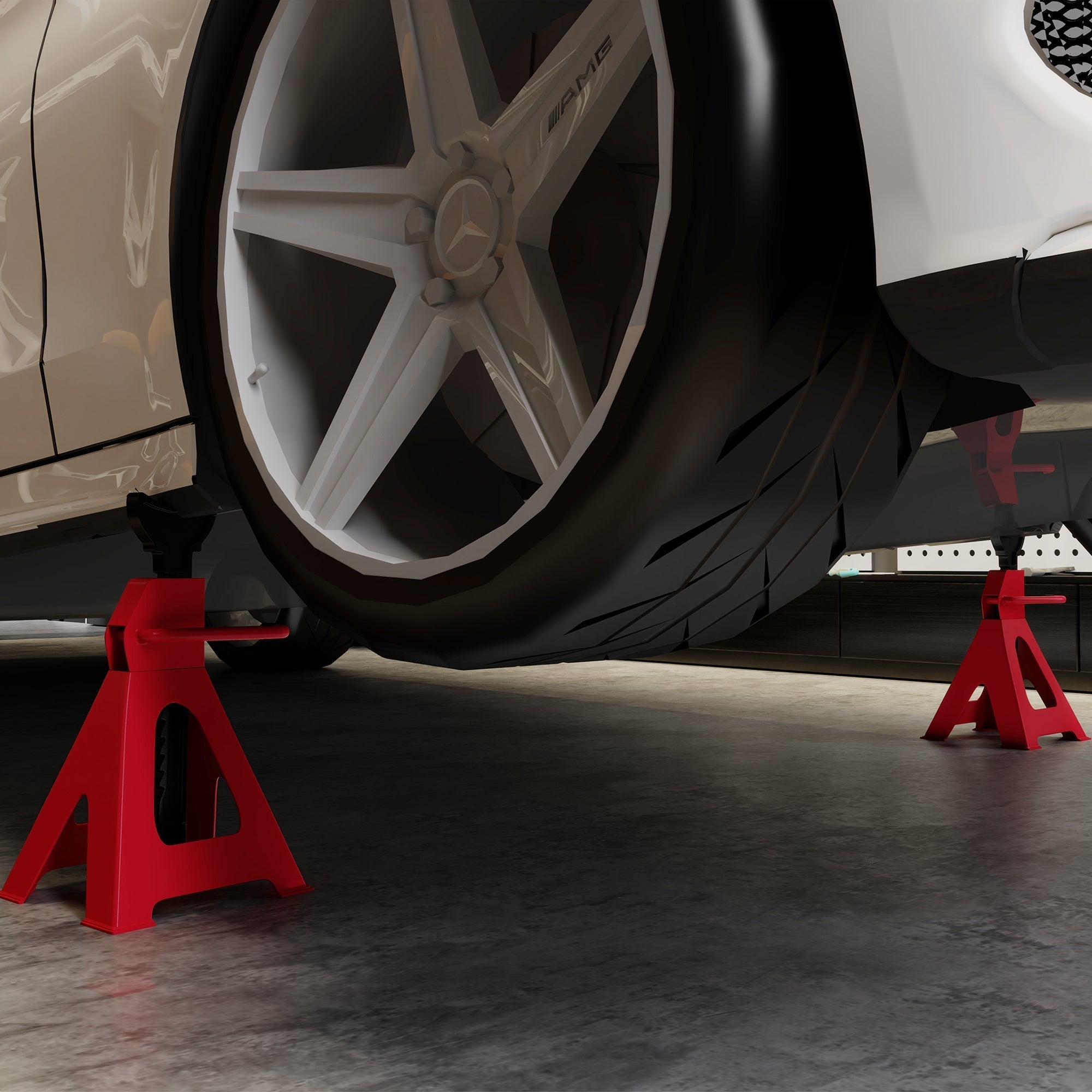 Red homcom jack stands made of carbon steel supporting a white car wheel with adjustable height for heavy duty use
