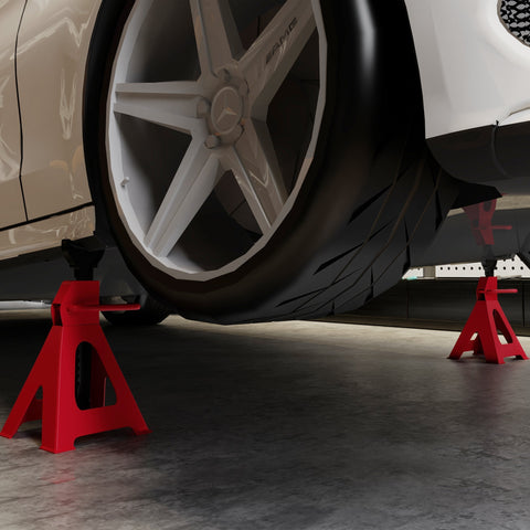 Red homcom jack stands made of carbon steel supporting a white car wheel with adjustable height for heavy duty use