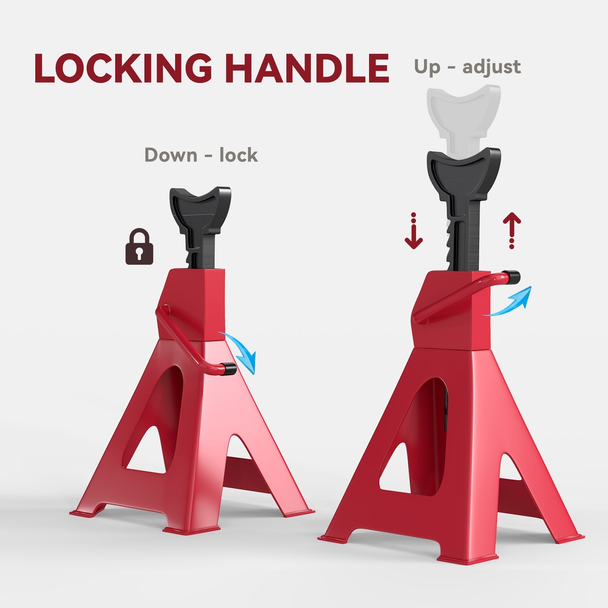 Red plastic jack stand with black locking handle made of heavy duty carbon steel for car lift support and workshops