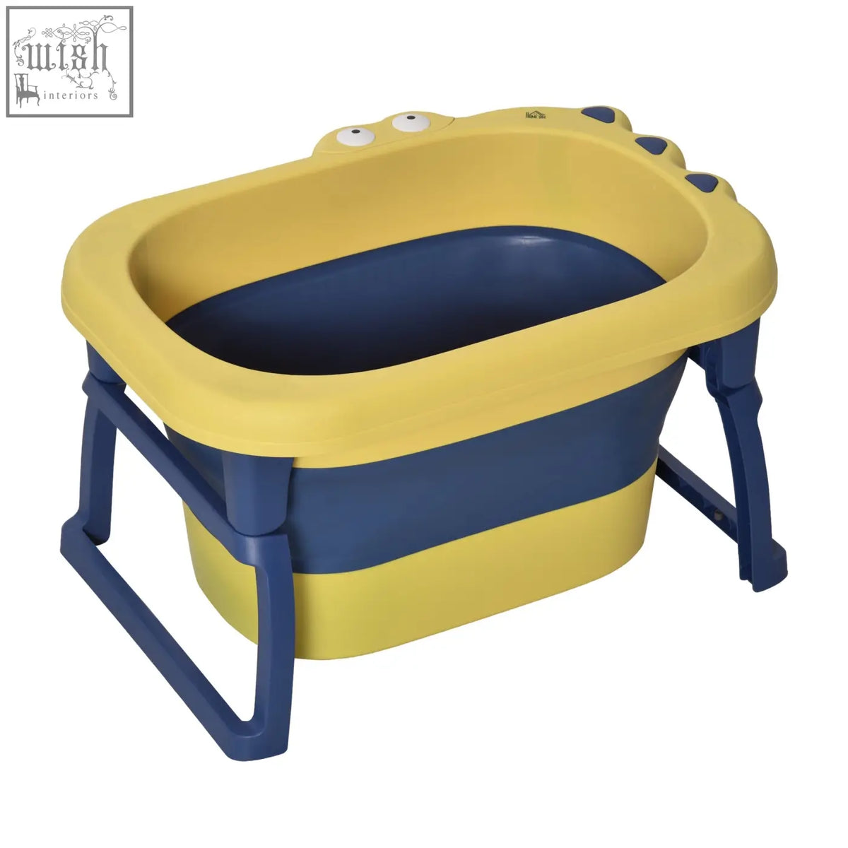 Yellow and blue homcom baby bathtub with foldable design and playful eyes on rim for newborns and toddlers