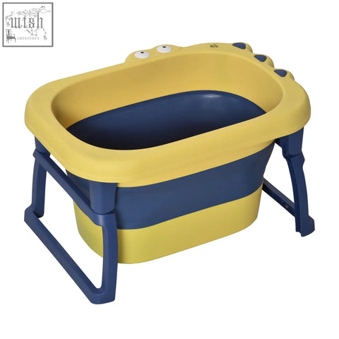 Yellow and blue homcom baby bathtub with foldable design and playful eyes on rim for newborns and toddlers