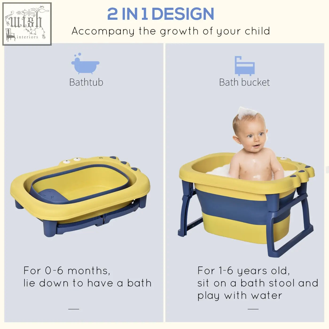 Yellow and blue homcom baby bathtub foldable with non slip design and stool seat for newborns infants and toddlers