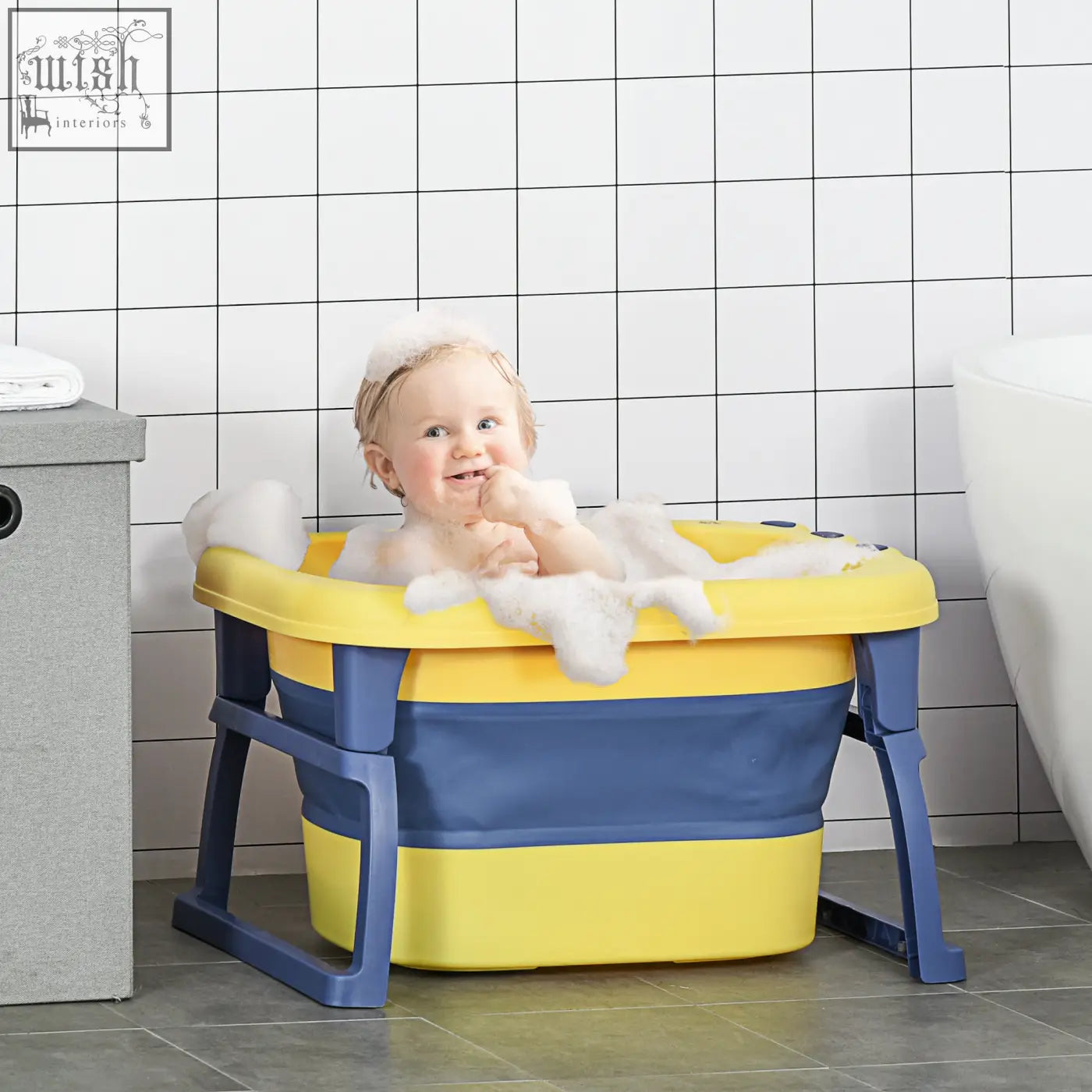 Yellow and blue homcom baby bathtub with sturdy plastic legs foldable and non slip for newborns and toddlers