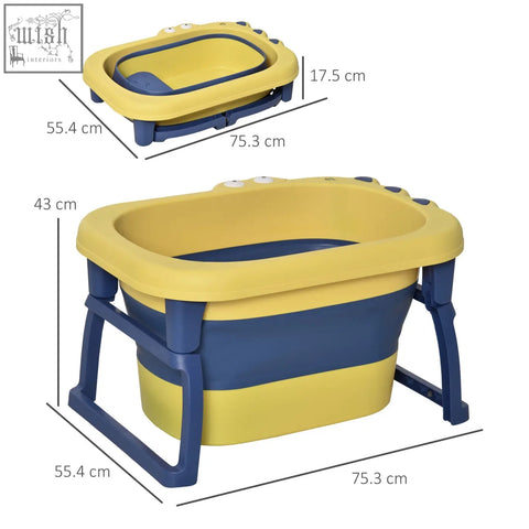 Yellow and blue homcom baby bathtub with foldable foot-shaped design non-slip portable for newborns and toddlers