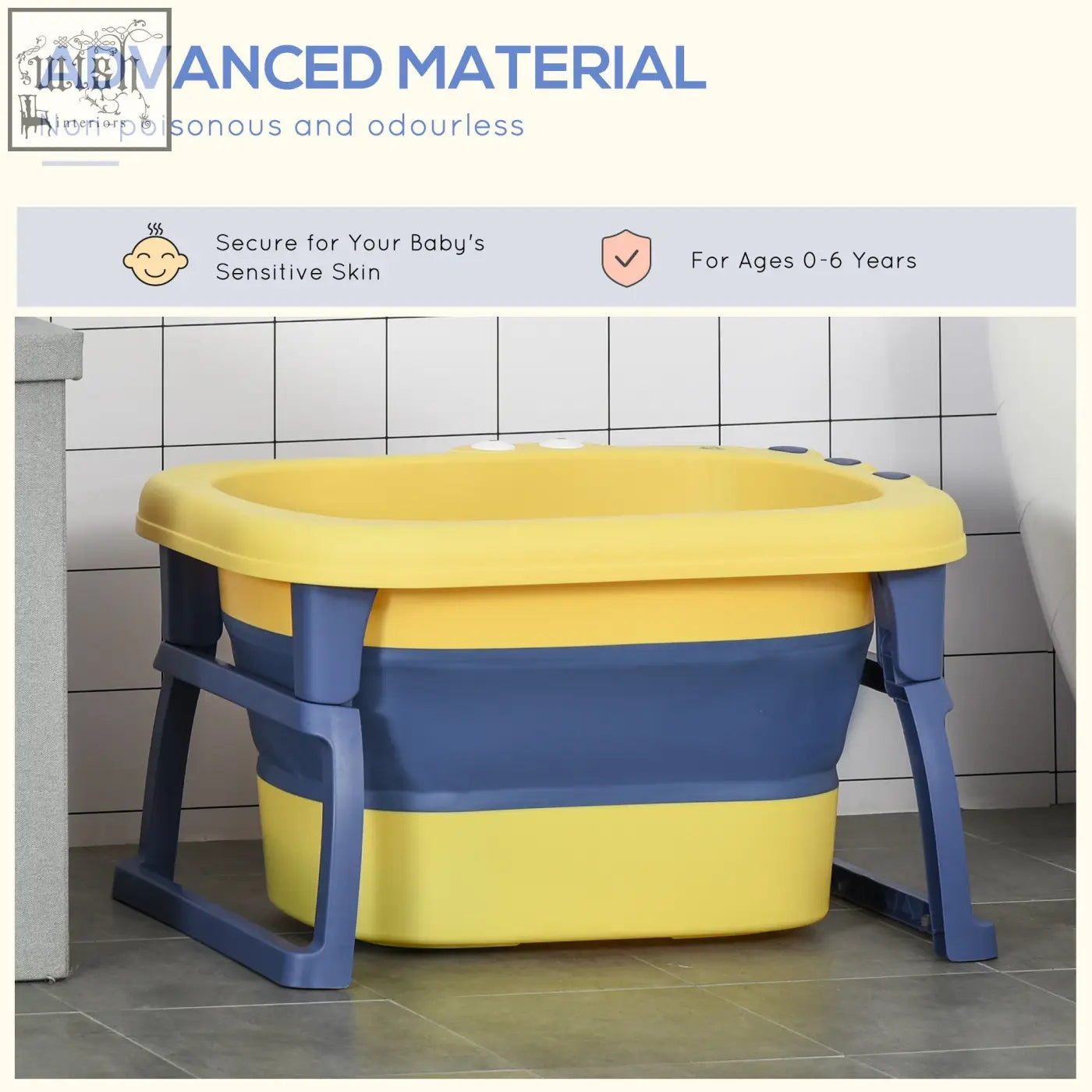 Yellow and blue homcom baby bathtub with sturdy plastic legs collapsible non-slip for newborns toddlers and kids