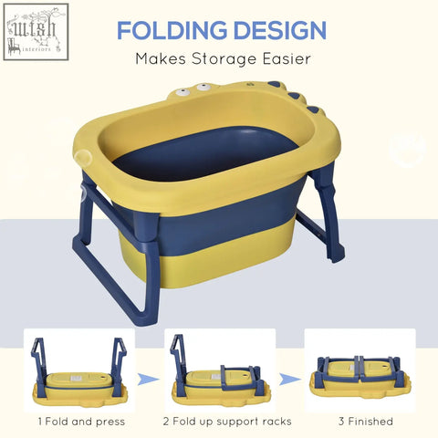Yellow and blue homcom baby bathtub with foldable design and eye decorations for newborns toddlers and kids