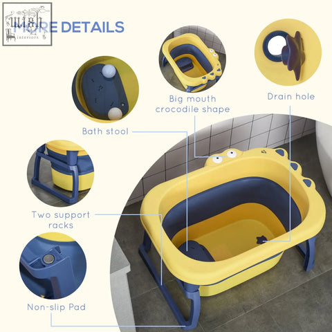 Yellow and blue foldable crocodile-shaped homcom baby bathtub with big mouth design for newborns and toddlers