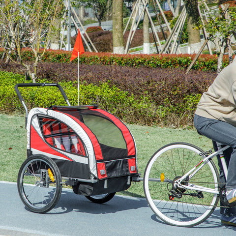 Red white and black homcom baby bike trailer with mesh window sturdy wheels steel frame and safety features visible