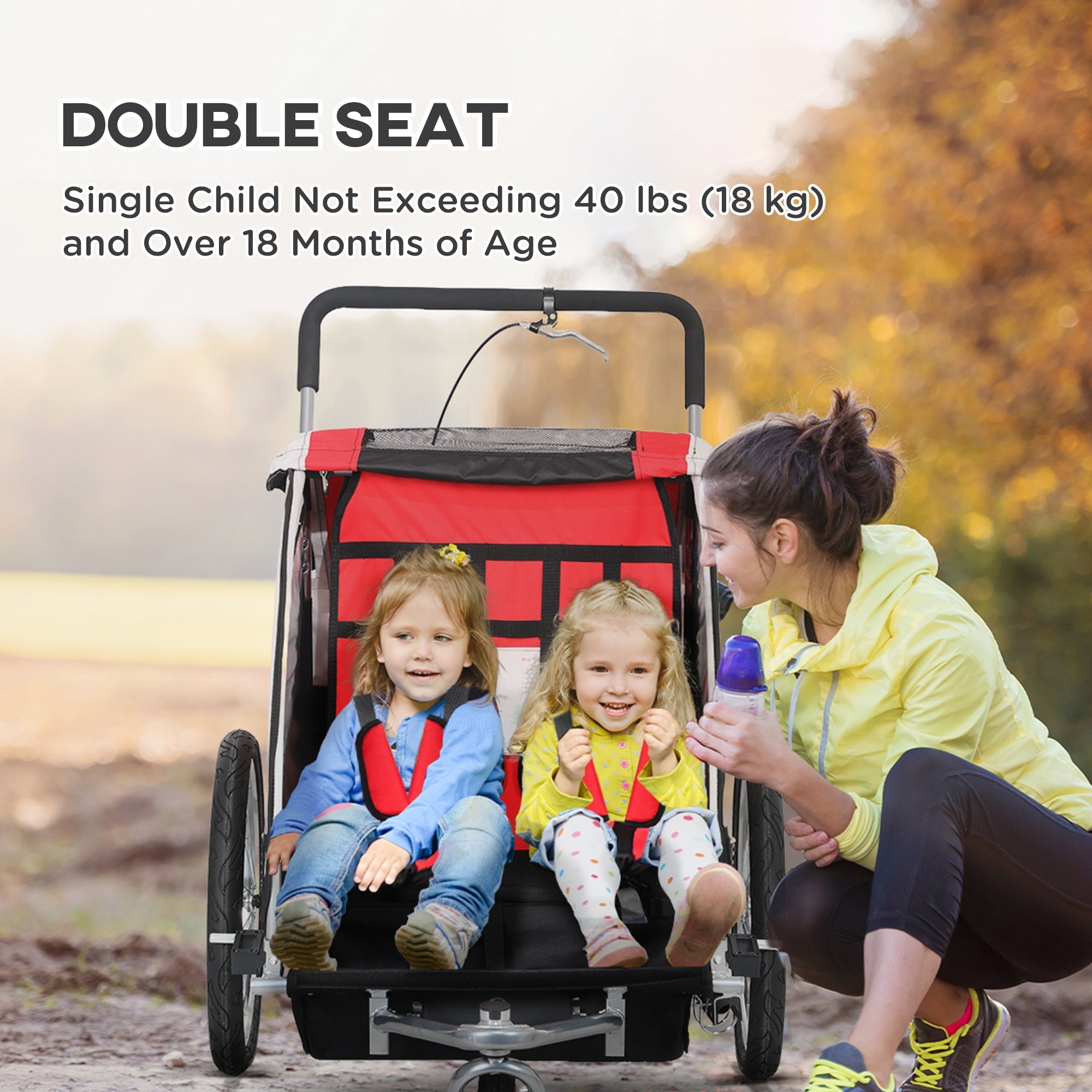 Red and black homcom baby bike trailer with sturdy steel frame double seat and 5 point harness for safety