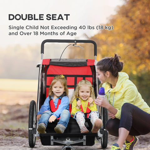 Red and black homcom baby bike trailer with sturdy steel frame double seat and 5 point harness for safety