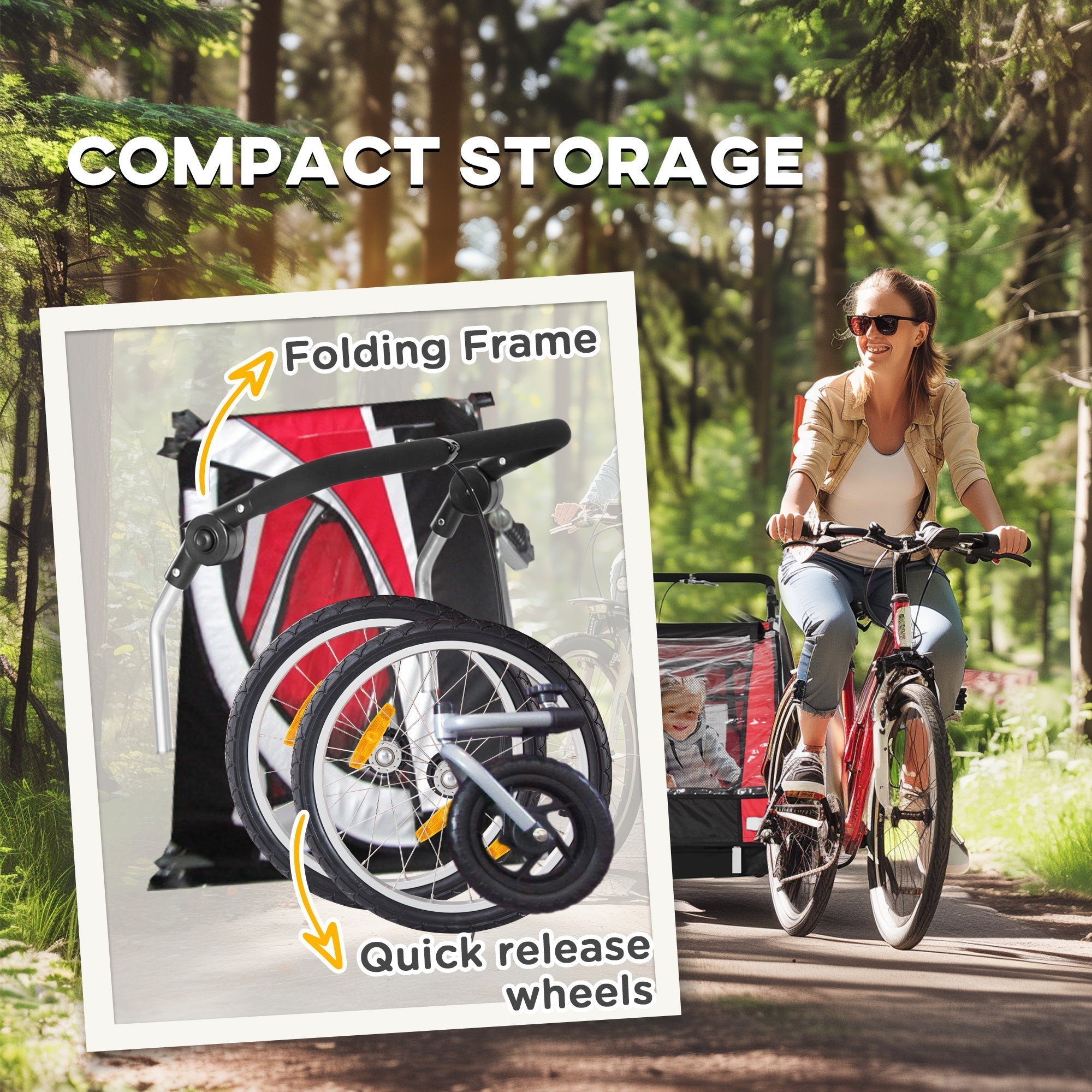 Red and black homcom baby bike trailer with quick release wheels steel frame reflectors and 5 point harness