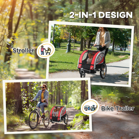 Red and black homcom baby bike trailer with mesh sides steel frame and 5 point harness for stroller or bicycle use