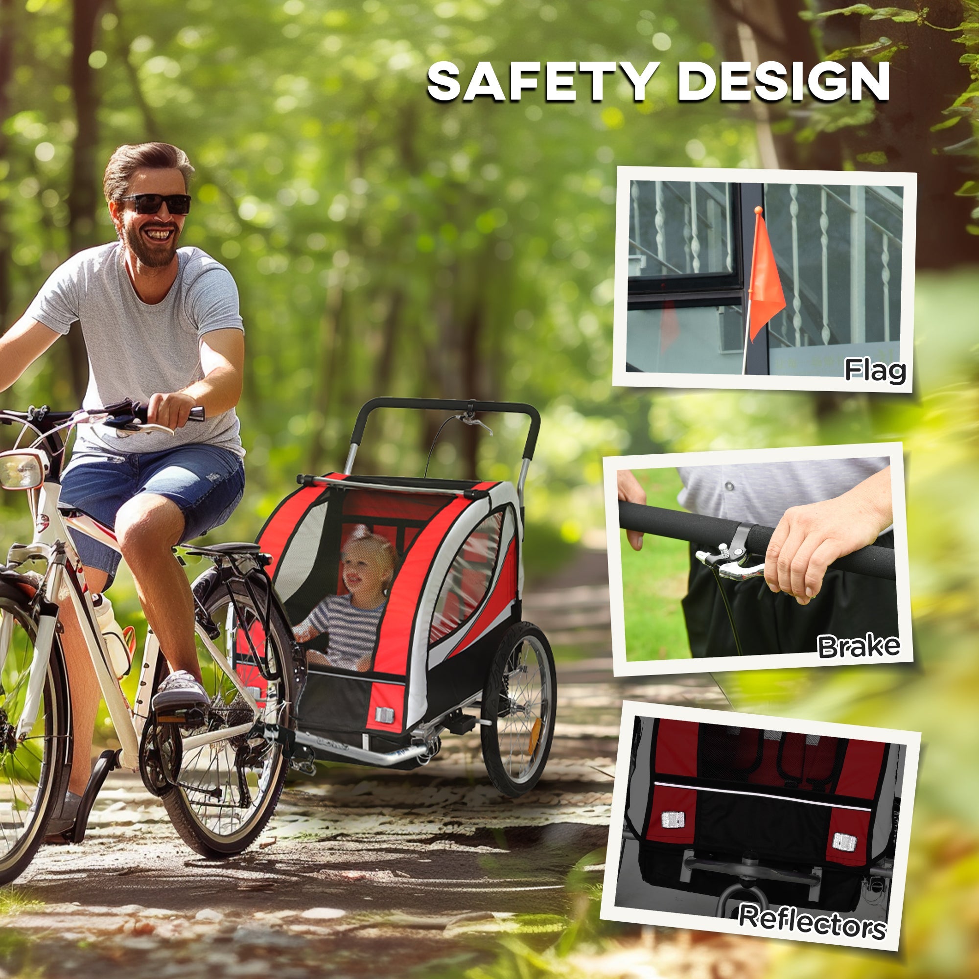 Red and black homcom baby bike trailer with steel frame 5 point harness reflectors safety flag and hitch coupler