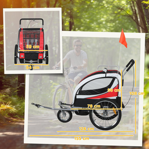 Red black and white homcom baby bike trailer with mesh side panel steel frame harness and orange safety flag visible from side