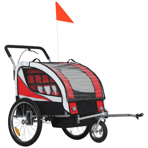 Homcom baby bike trailer in red white and black with steel frame mesh window safety flag and 5 point harness