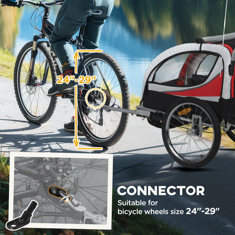 Red and white homcom baby bike trailer with steel frame clear plastic window and 5 point harness for safety