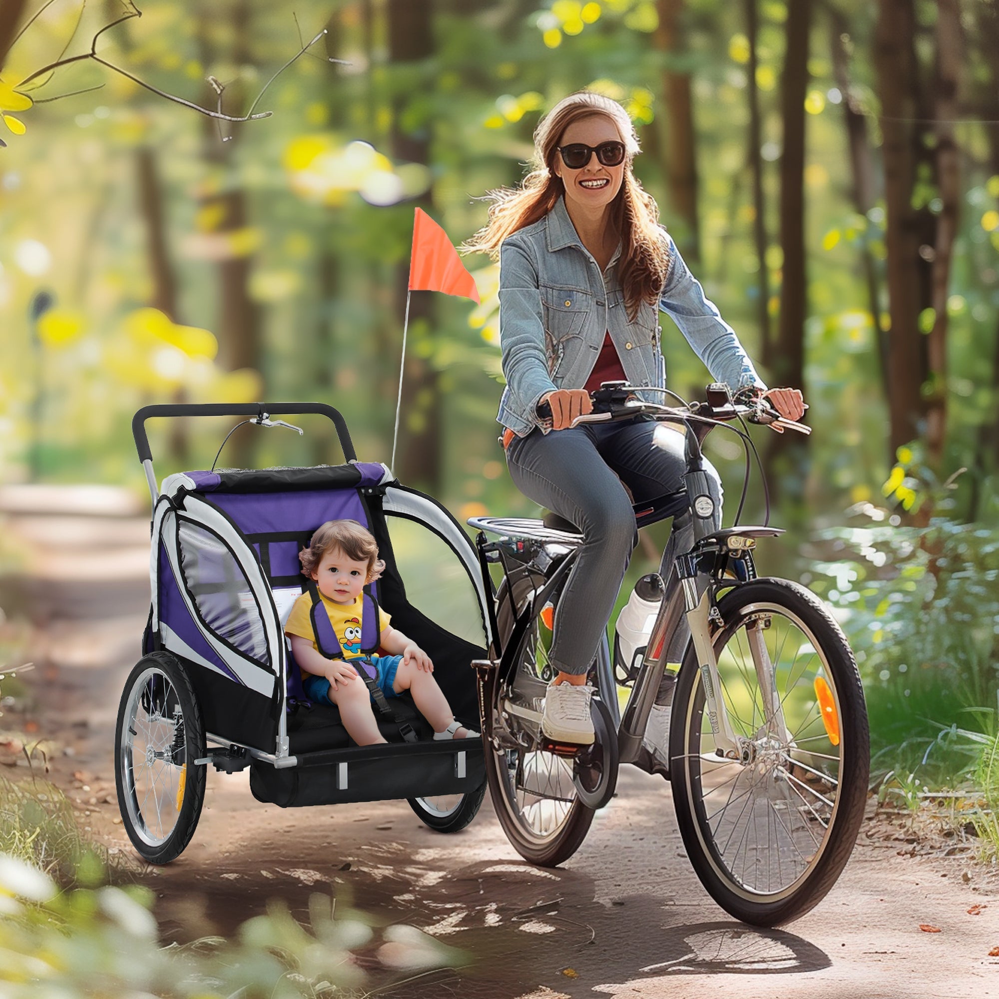 Purple and black homcom baby bike trailer with steel frame and mesh side panel for safe kid rides