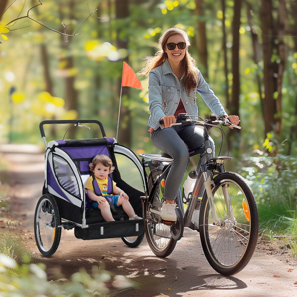 Purple and black homcom baby bike trailer with steel frame and mesh side panel for safe kid rides