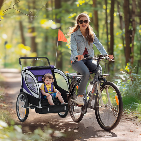 Purple and black homcom baby bike trailer with steel frame and mesh side panel for safe kid rides