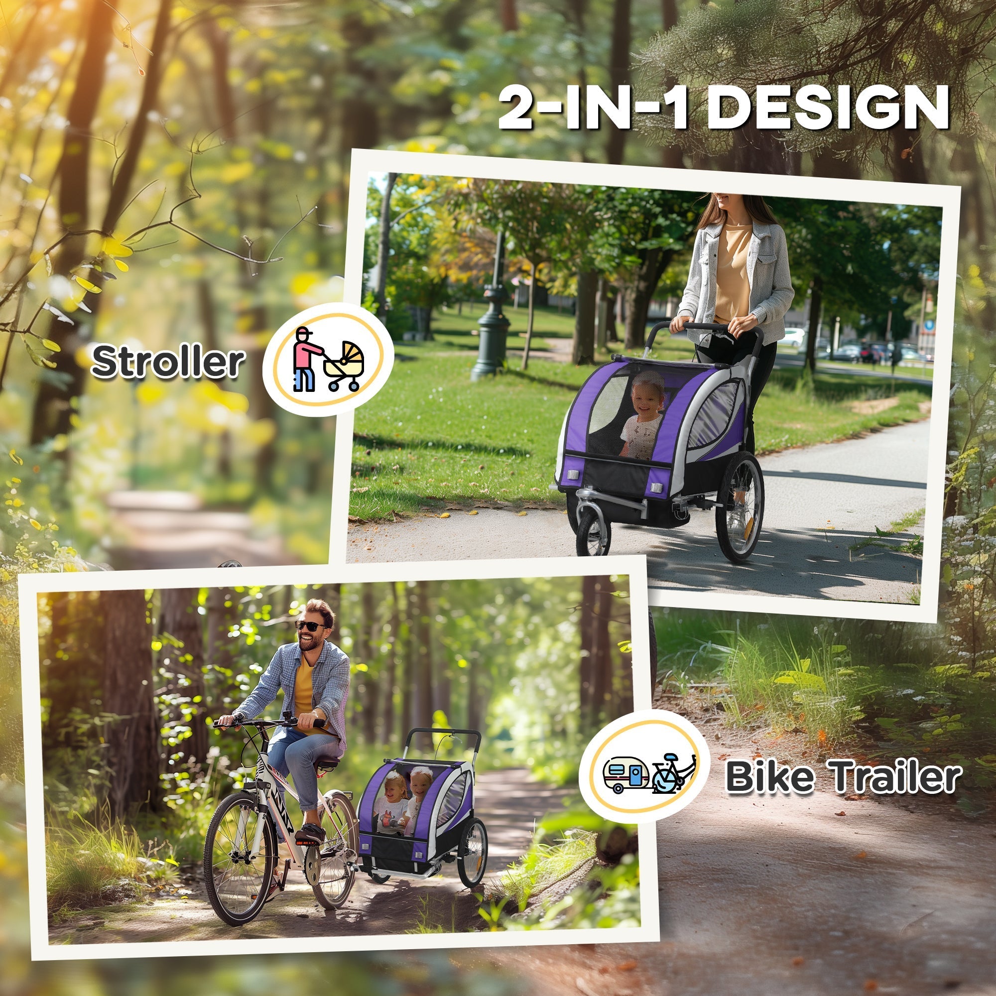 Purple and black homcom baby bike trailer with steel frame mesh canopy and 5 point harness for stroller or bike use