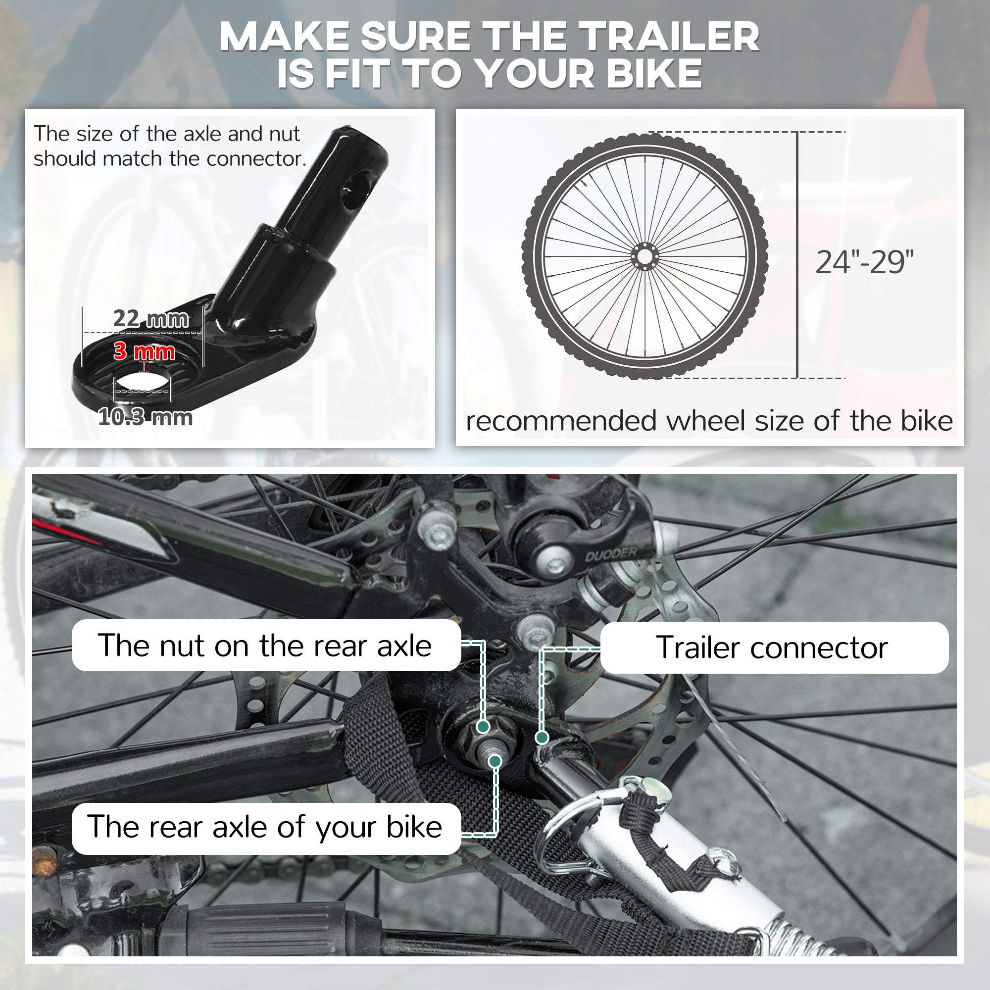 Black metal trailer connector for homcom baby bike trailer with steel frame fits 24-29 inch wheels with axle nut specs