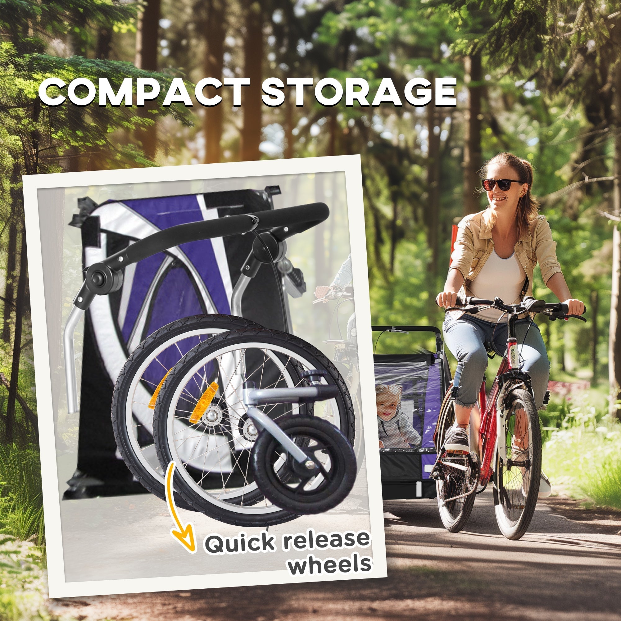 Purple and black baby bike trailer with steel frame and quick release wheels for safe and easy riding by HOMCOM