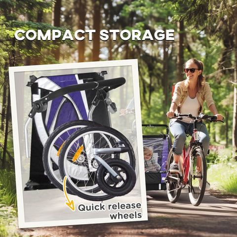 Purple and black baby bike trailer with steel frame and quick release wheels for safe and easy riding by HOMCOM