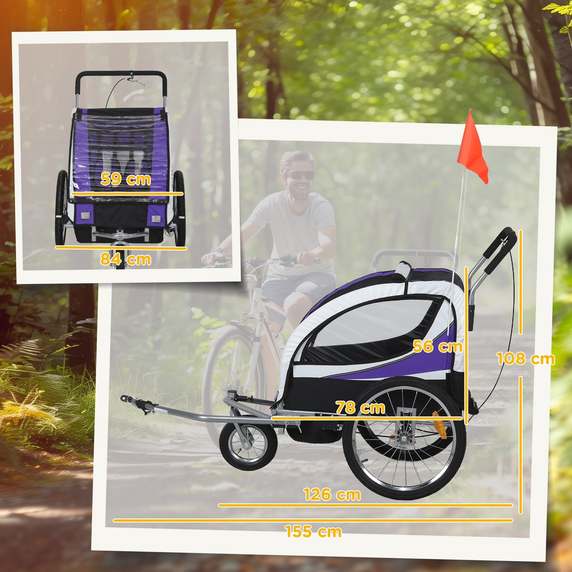 Purple and white homcom baby bike trailer with steel frame mesh front and red safety flag for secure rides