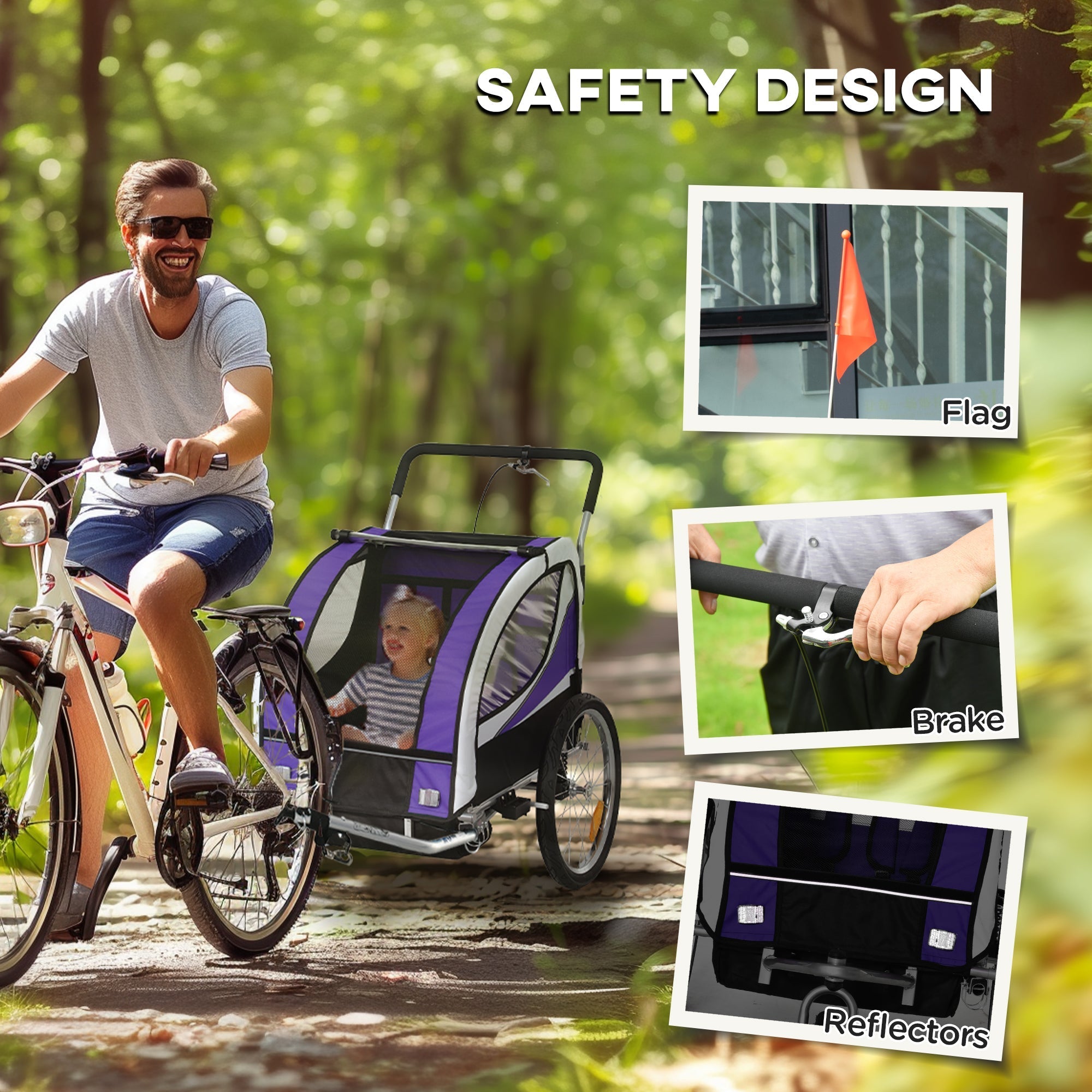 Purple and black homcom baby bike trailer with steel frame 5 point harness reflectors and safety flag