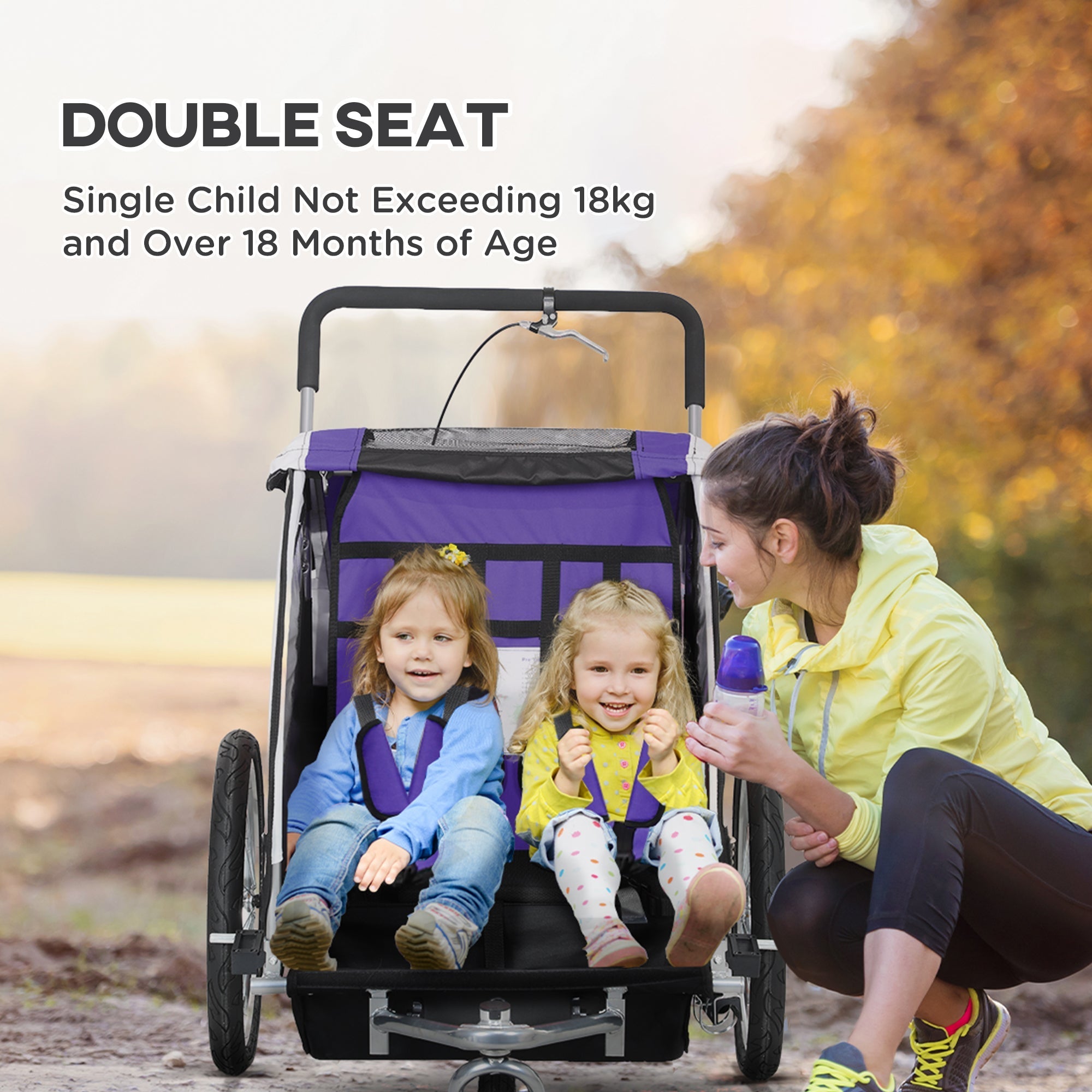 Purple and black homcom baby bike trailer with steel frame double seat and 5 point harness for safety riding