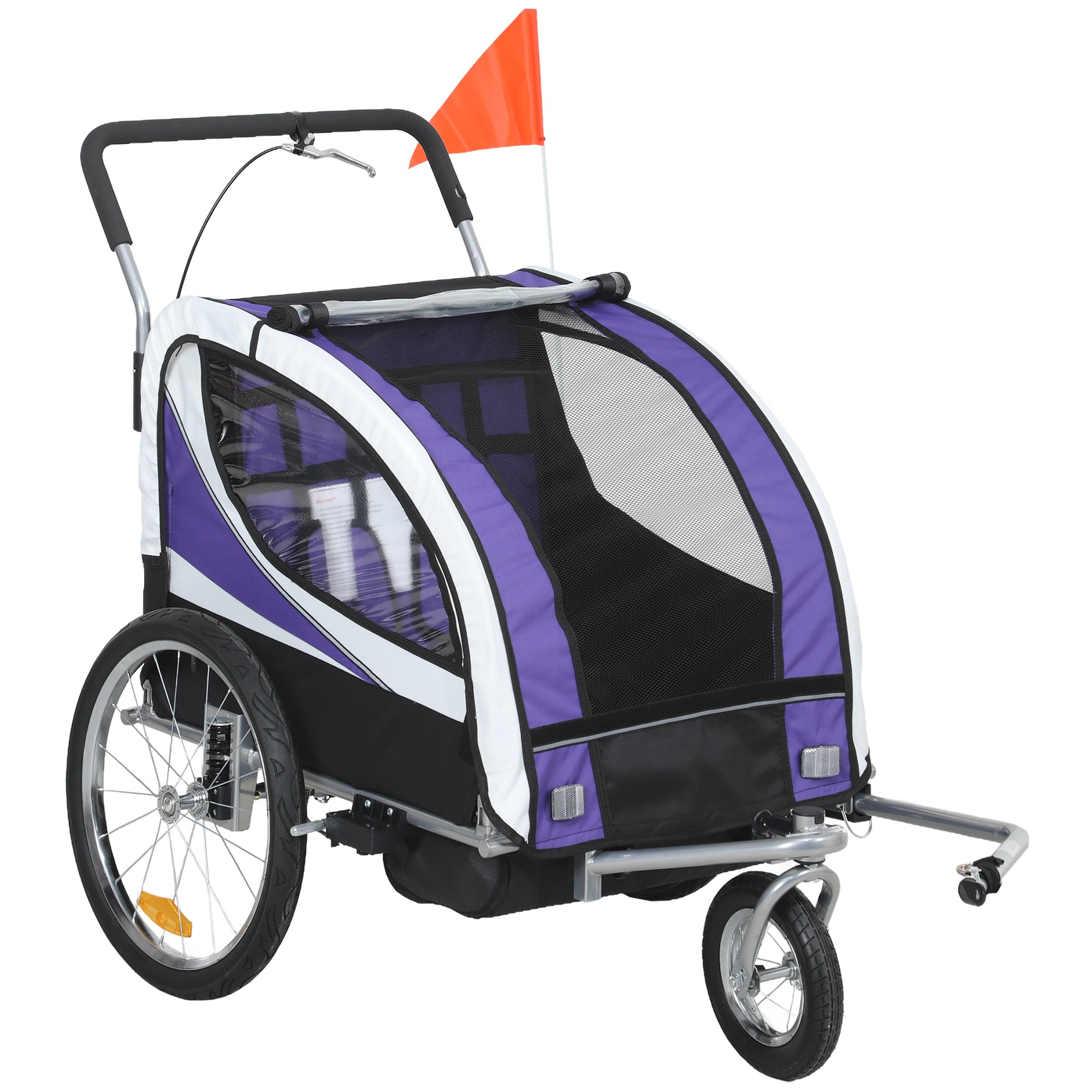 Purple and white homcom baby bike trailer with steel frame and mesh side panel for ventilation and safety