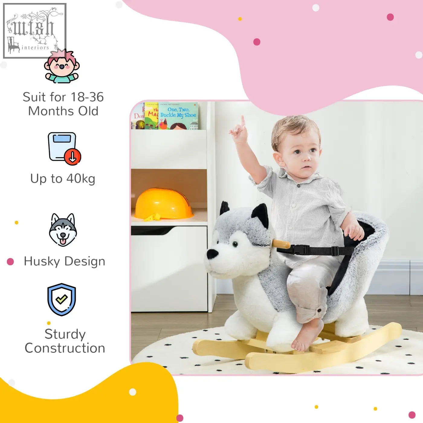 Soft plush grey husky rocking horse with wooden base and black seatbelt from homcom baby rocking for toddlers