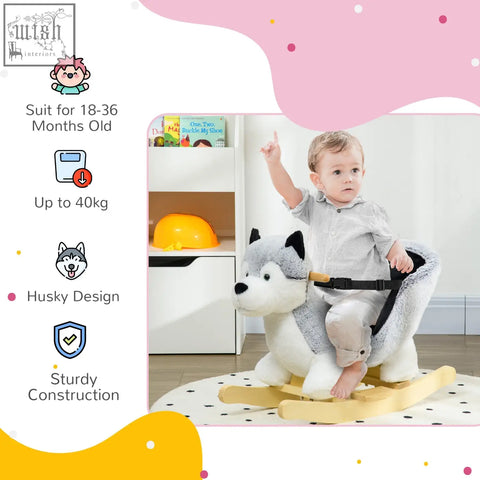 Soft plush grey husky rocking horse with wooden base and black seatbelt from homcom baby rocking for toddlers