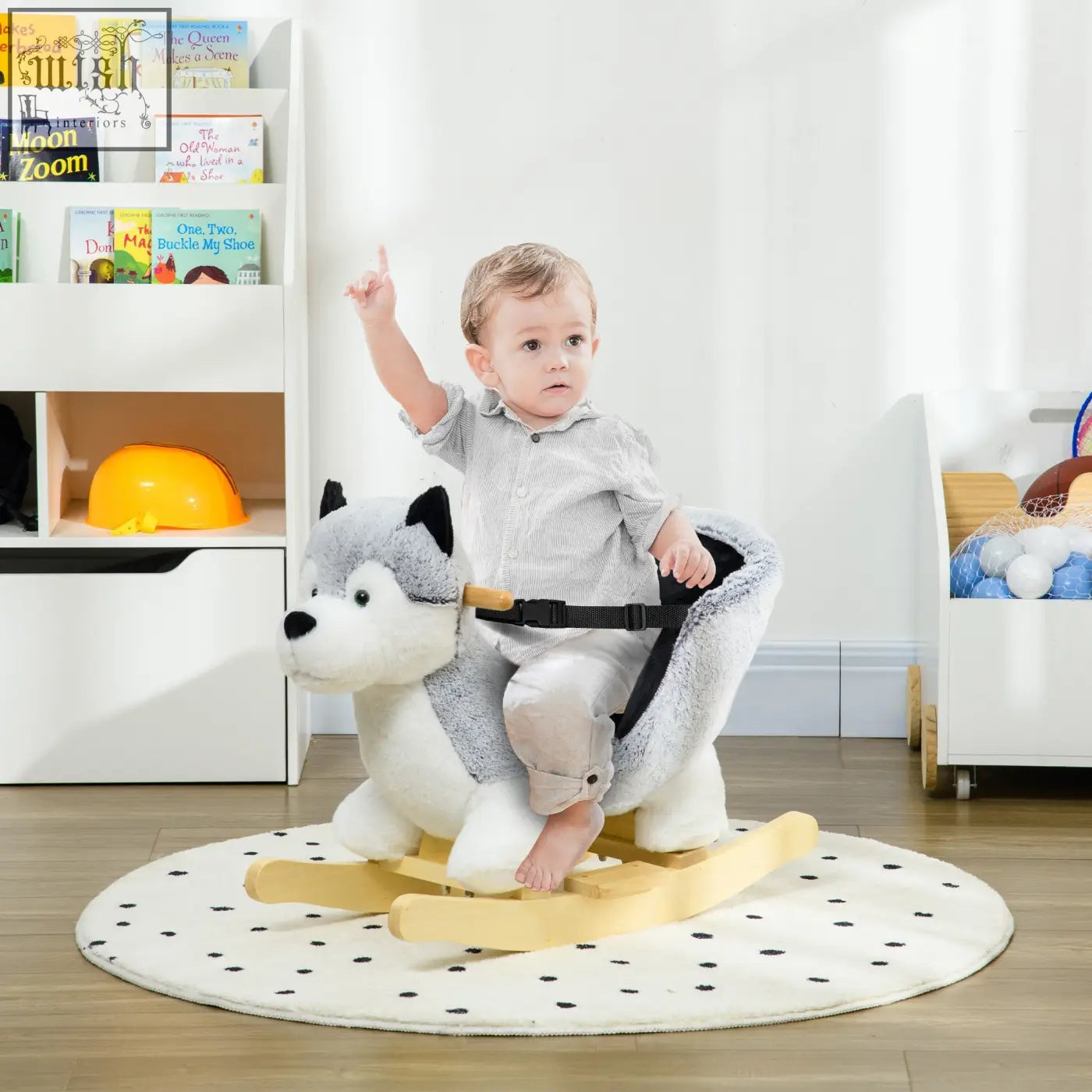 Plush grey and white husky rocking horse with wooden base homcom baby rocking with seatbelt and sounds for toddlers