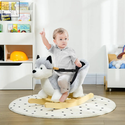 Plush grey and white husky rocking horse with wooden base homcom baby rocking with seatbelt and sounds for toddlers
