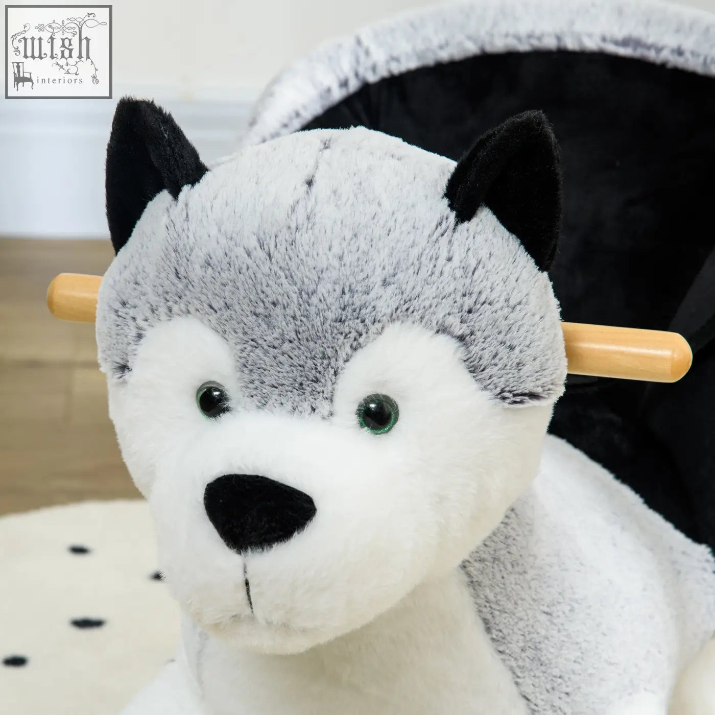 Plush grey and white husky rocking horse with wooden handlebar and seatbelt homcom baby rocking toy with sounds