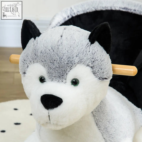 Plush grey and white husky rocking horse with wooden handlebar and seatbelt homcom baby rocking toy with sounds