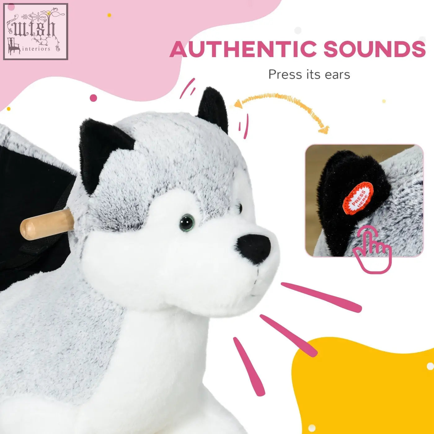 A plush gray and white husky homcom baby rocking horse with sounds and seatbelt for toddlers 18-36 months