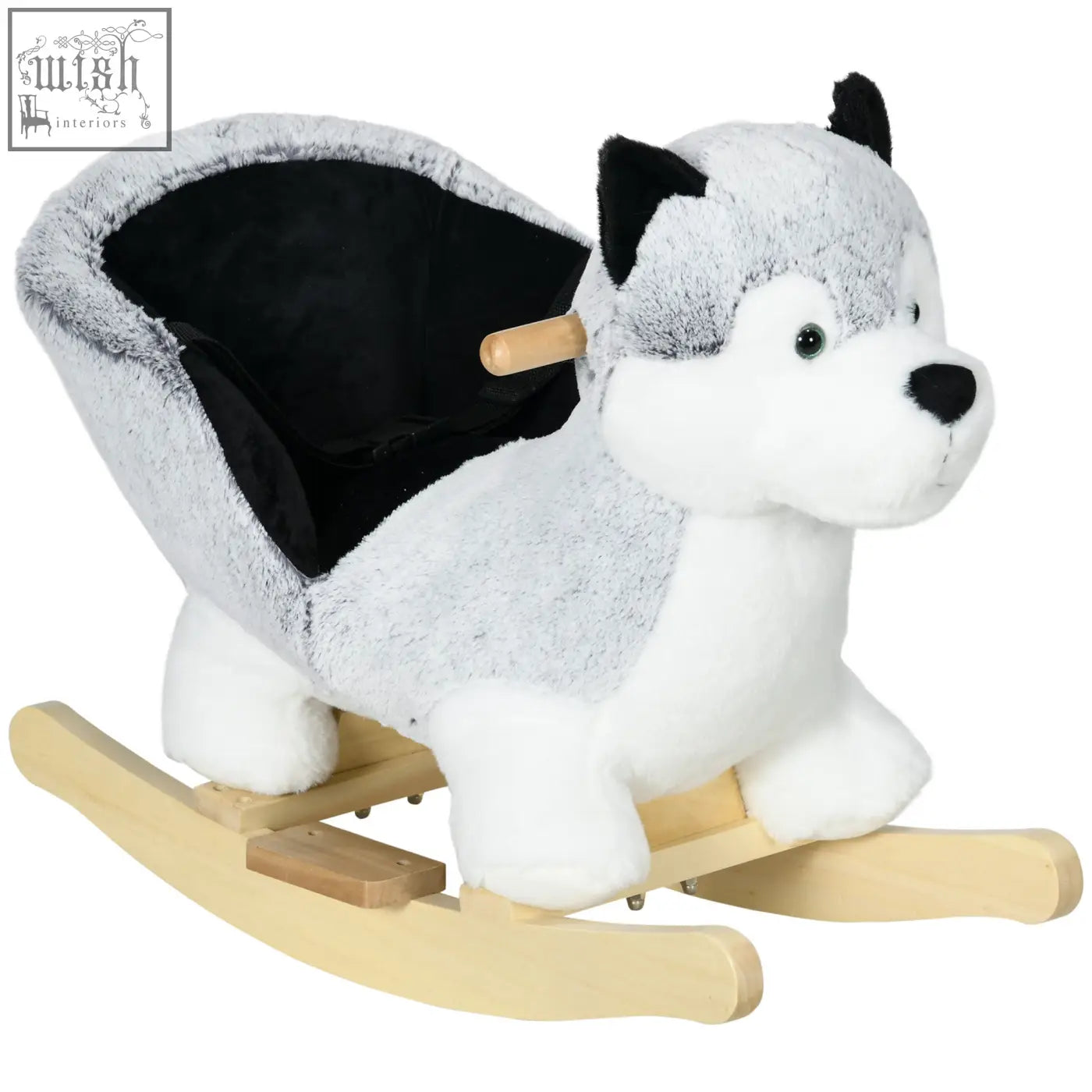 A plush gray and white husky-shaped homcom baby rocking horse with wooden rockers and black seat for toddlers