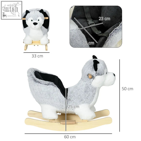 Gray and white plush husky rocking horse with wooden base and seatbelt from homcom baby rocking for toddlers 18 to 36 months