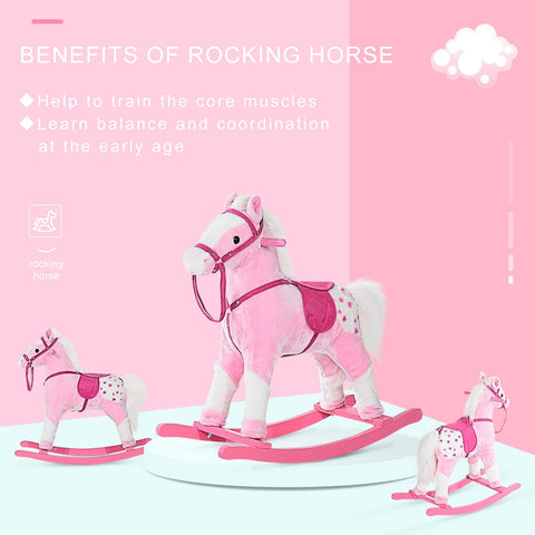 HOMCOM Baby Rocking Horse Plush Ride on Animals Rocker with Sound Handle Grip for Kids 3-6 Years - Pink