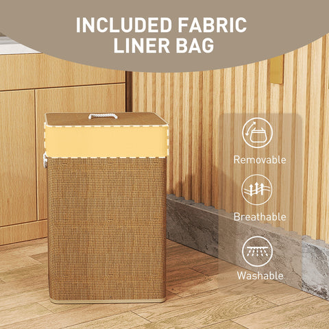 Brown bamboo laundry basket with removable lid rope handles and yellow washable liner bag 72l capacity